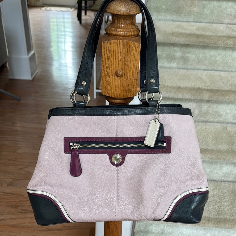 Coach Pink and Dark Navy Shoulder Bag with Leather Trim